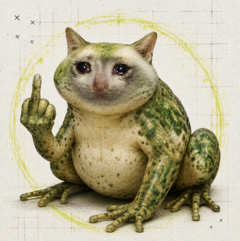 CATFROG — a crying cat-frog raising its middle finger